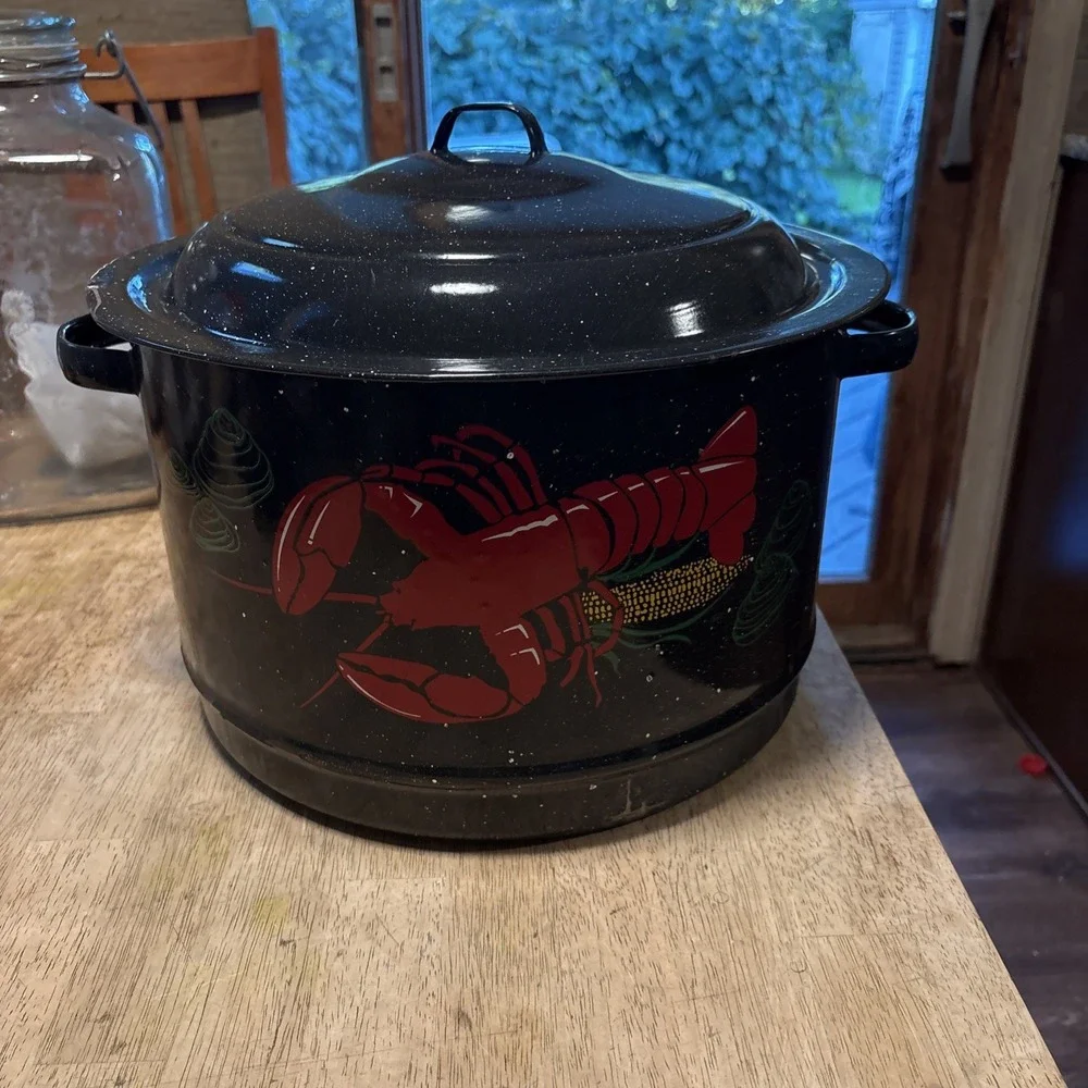Vintage Large Lobster Pot Black Graniteware Enamel Metal Stockpot Speckled